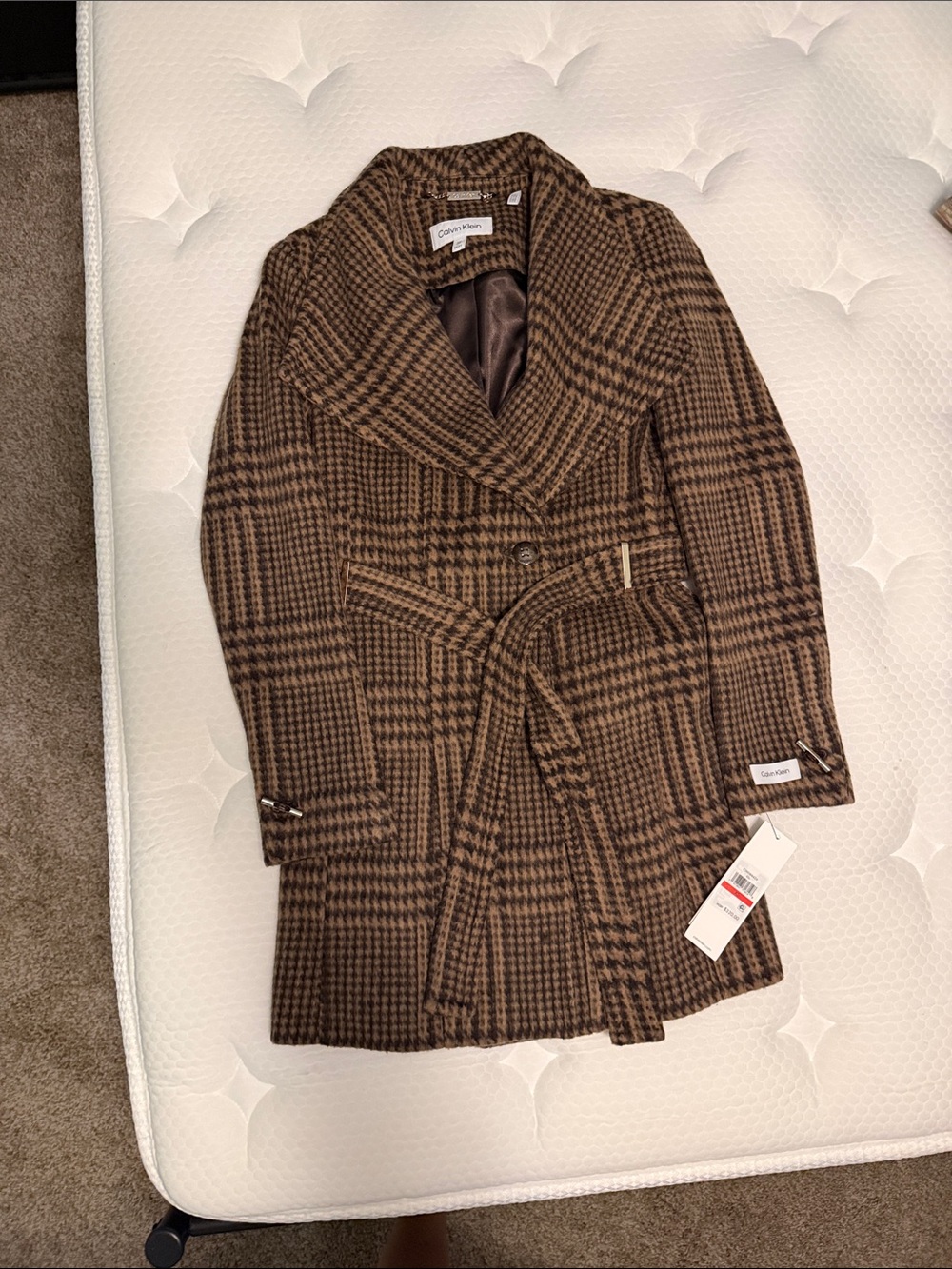 Calvin Klein Brown Plaid Belted Trench Coat